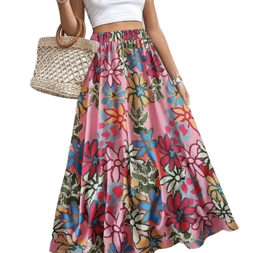 Boho Floral Skirt Earrings Set Two-piece Outfit Bohemian Skirts Pink Red Flower - Picture 11 of 11